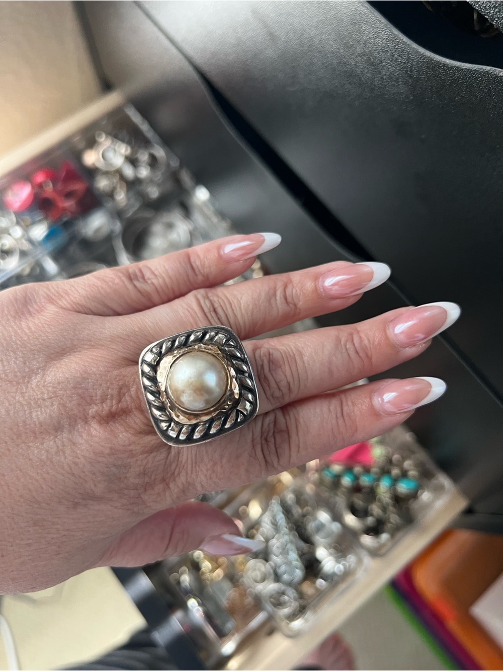 Dian Malouf Elegant Pearl Center Two-Tone Rope Square Ring - White Pearl